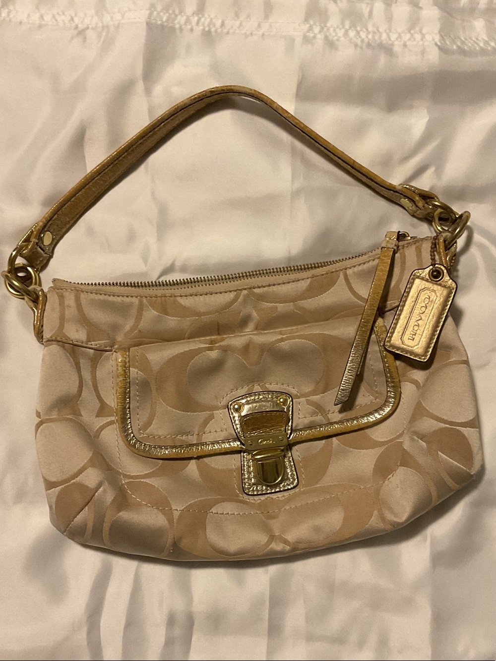 Coach Beige Signature Hobo with Gold Accents